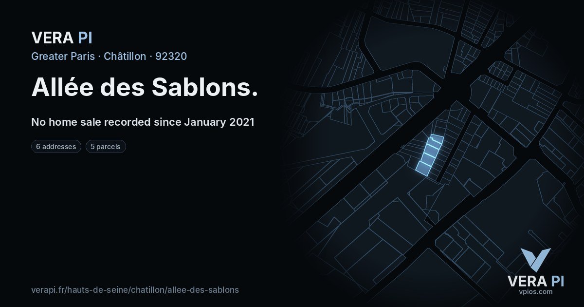 Allée des Sablons, Châtillon at night – every parcel coloured by the prices around it, the street's own parcels lit
