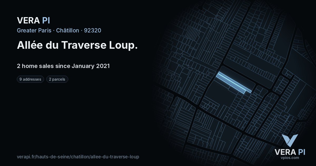 Allée du Traverse Loup, Châtillon at night – every parcel coloured by the prices around it, the street's own parcels lit
