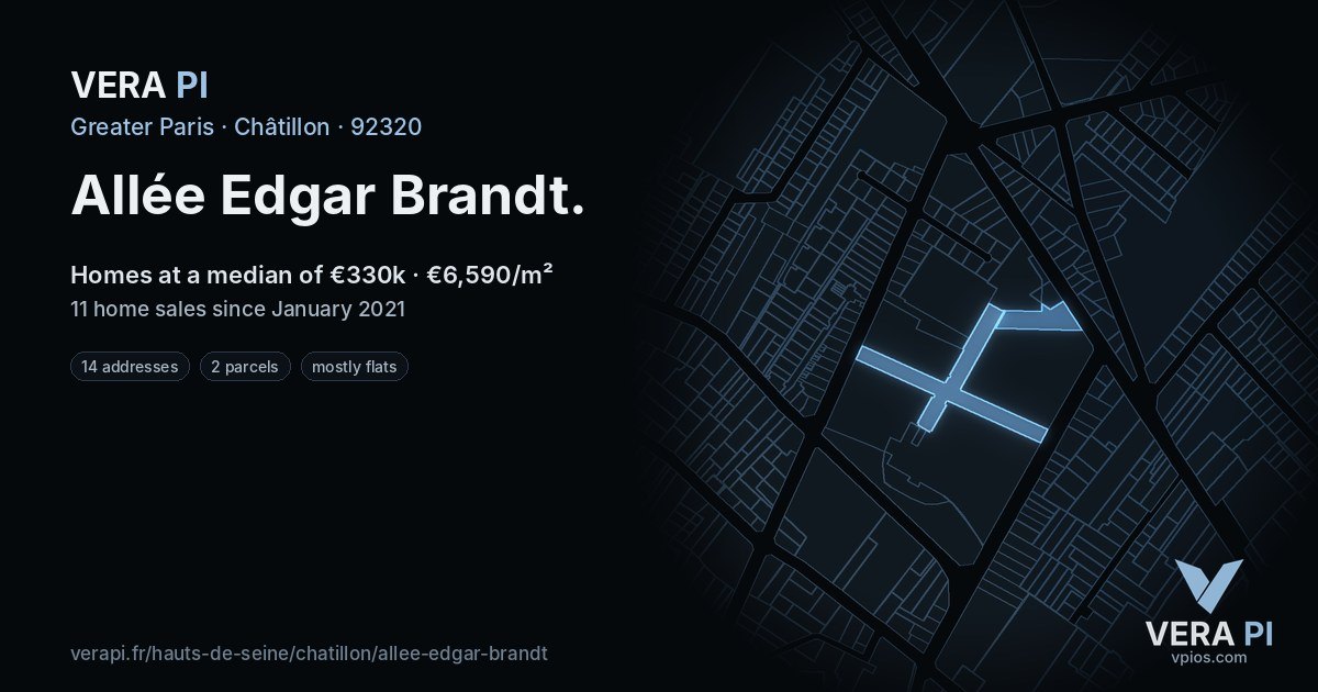 Allée Edgar Brandt, Châtillon at night – every parcel coloured by the prices around it, the street's own parcels lit