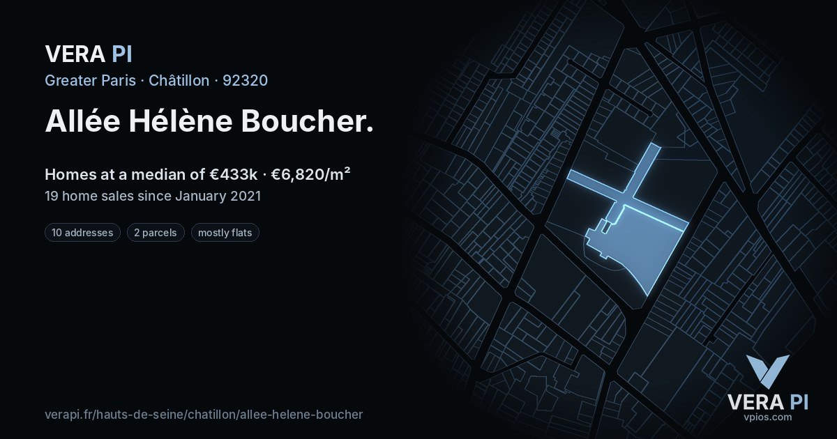 Allée Hélène Boucher, Châtillon at night – every parcel coloured by the prices around it, the street's own parcels lit