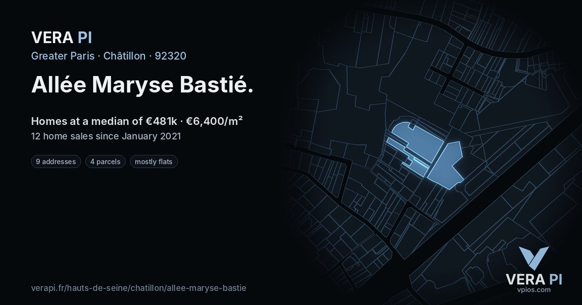Allée Maryse Bastié, Châtillon at night – every parcel coloured by the prices around it, the street's own parcels lit