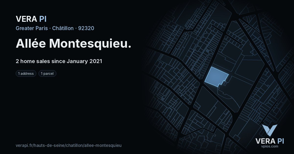 Allée Montesquieu, Châtillon at night – every parcel coloured by the prices around it, the street's own parcels lit