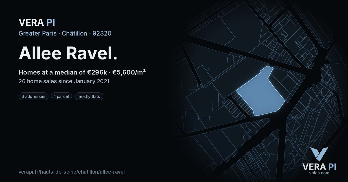 Allee Ravel, Châtillon at night – every parcel coloured by the prices around it, the street's own parcels lit