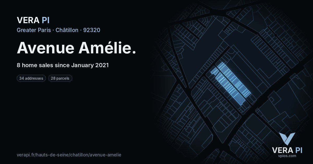 Avenue Amélie, Châtillon at night – every parcel coloured by the prices around it, the street's own parcels lit