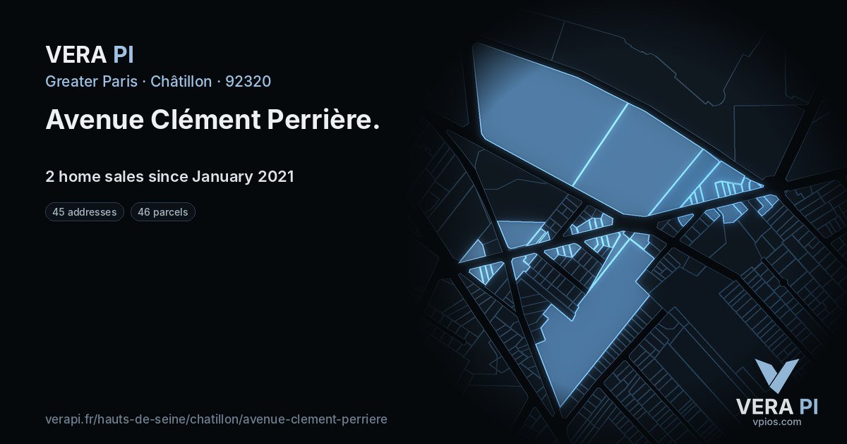 Avenue Clément Perrière, Châtillon at night – every parcel coloured by the prices around it, the street's own parcels lit
