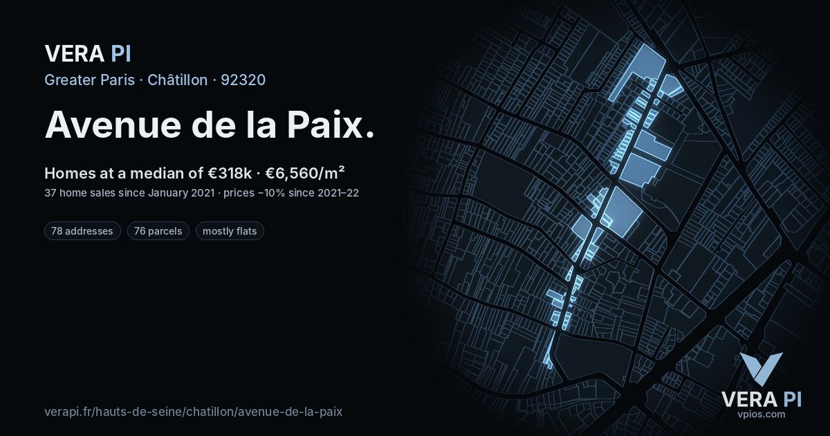 Avenue de la Paix, Châtillon at night – every parcel coloured by the prices around it, the street's own parcels lit