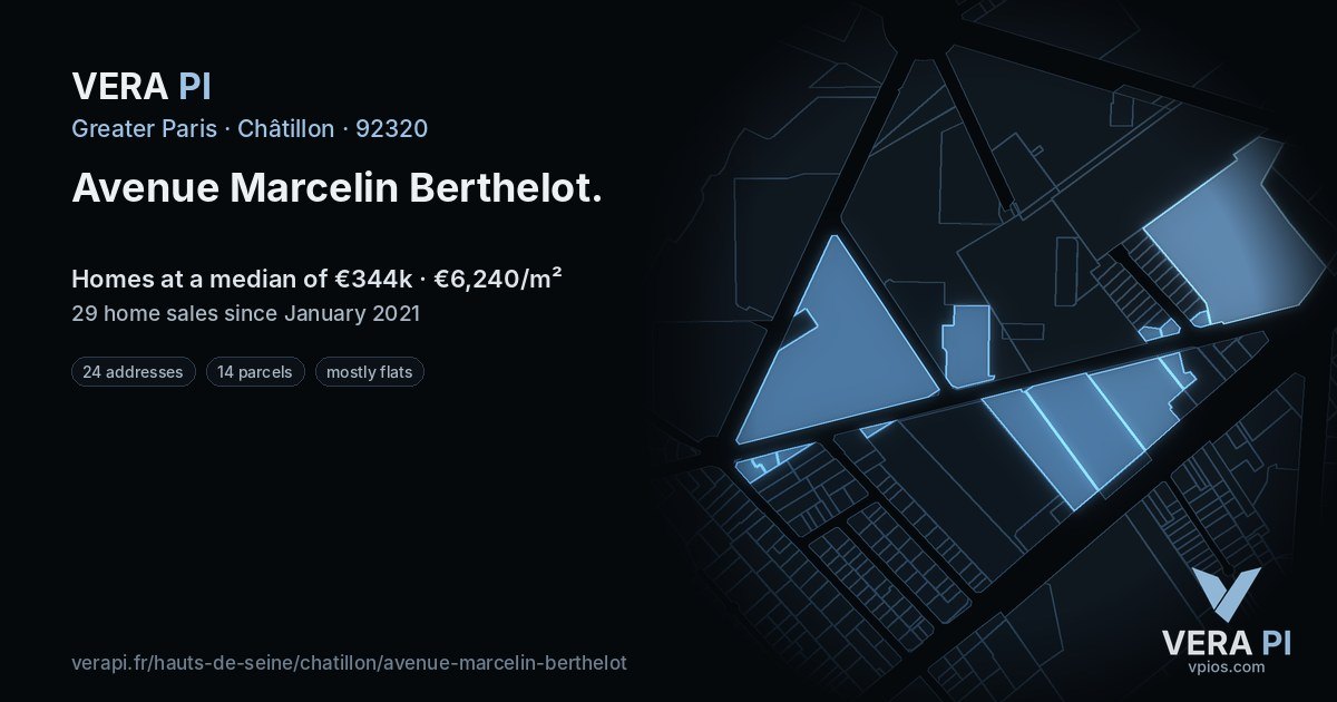 Avenue Marcelin Berthelot, Châtillon at night – every parcel coloured by the prices around it, the street's own parcels lit