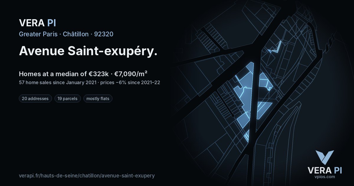 Avenue Saint-exupéry, Châtillon at night – every parcel coloured by the prices around it, the street's own parcels lit