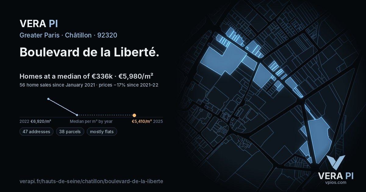 Boulevard de la Liberté, Châtillon at night – every parcel coloured by the prices around it, the street's own parcels lit