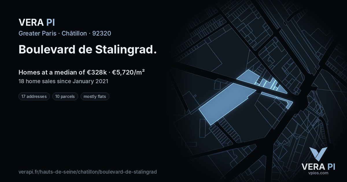 Boulevard de Stalingrad, Châtillon at night – every parcel coloured by the prices around it, the street's own parcels lit