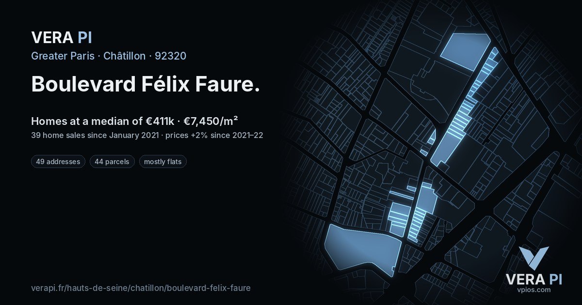 Boulevard Félix Faure, Châtillon at night – every parcel coloured by the prices around it, the street's own parcels lit