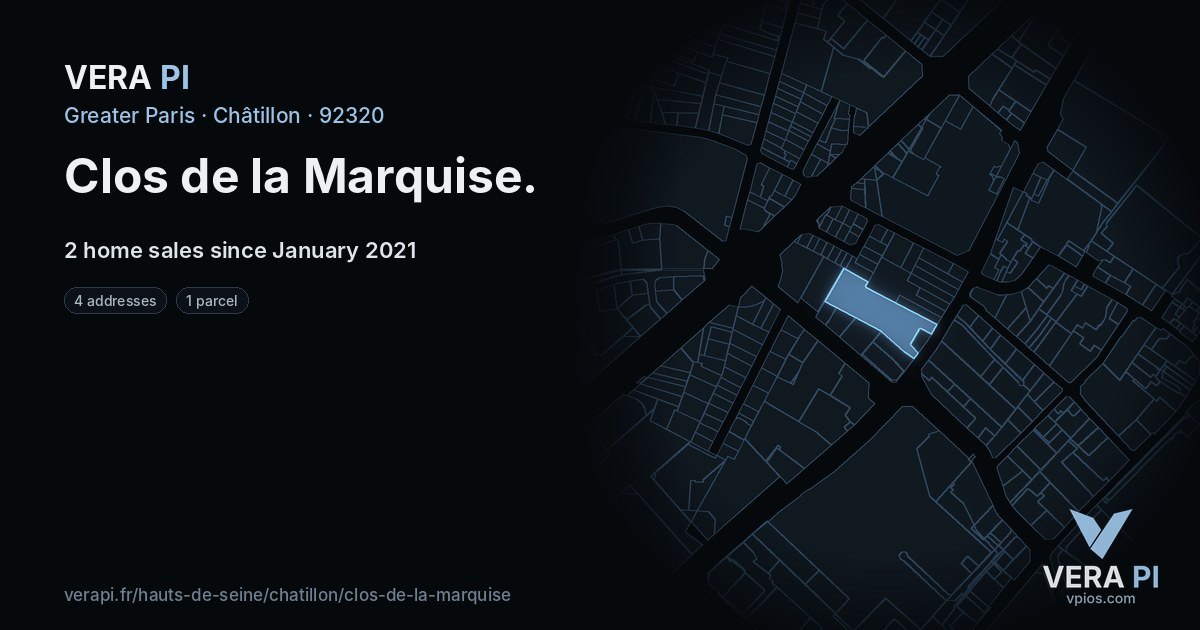 Clos de la Marquise, Châtillon at night – every parcel coloured by the prices around it, the street's own parcels lit