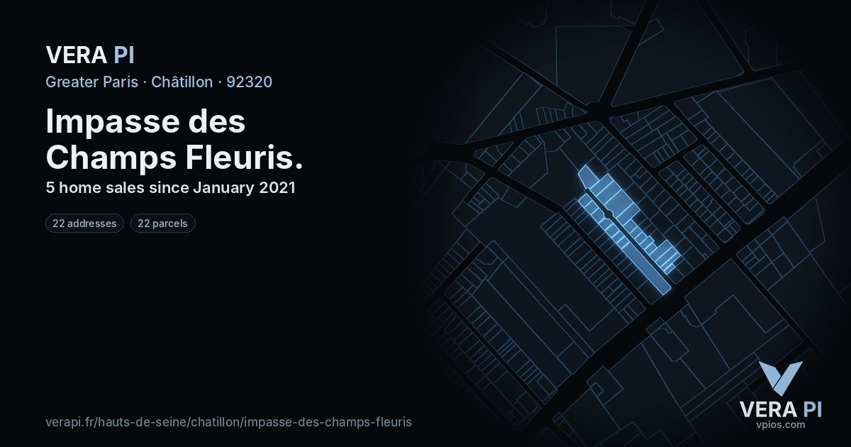 Impasse des Champs Fleuris, Châtillon at night – every parcel coloured by the prices around it, the street's own parcels lit