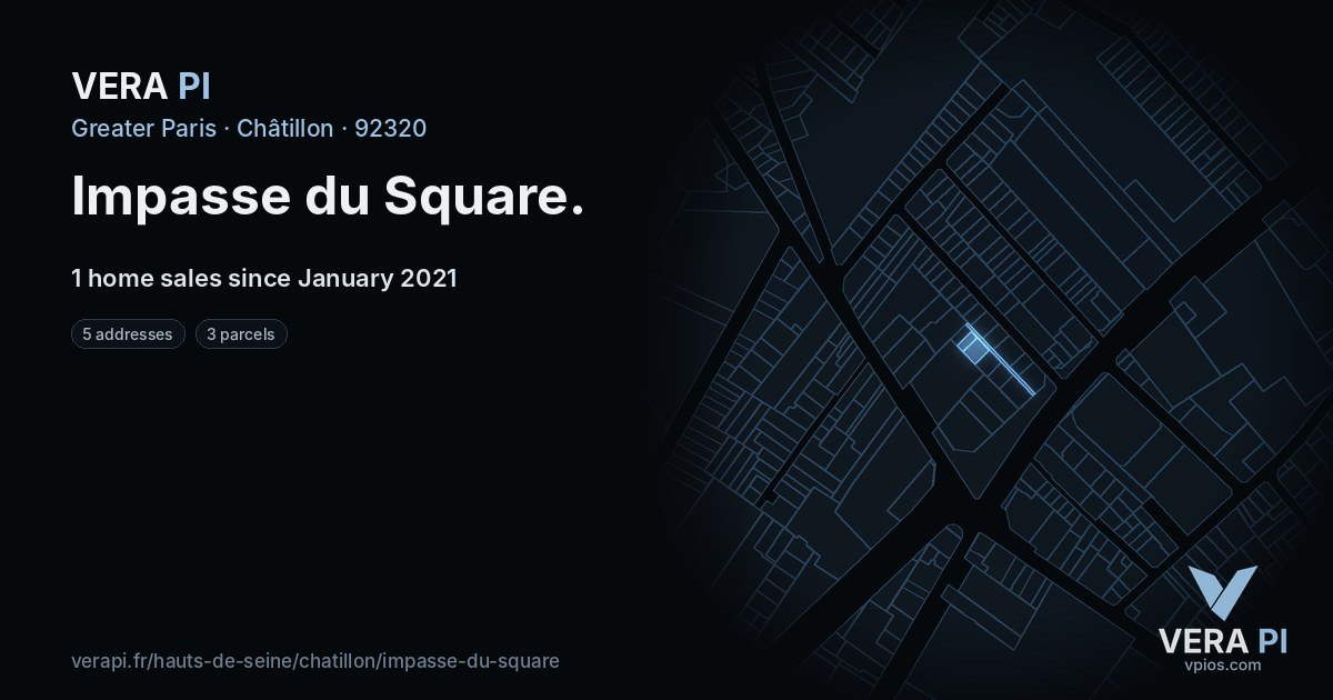 Impasse du Square, Châtillon at night – every parcel coloured by the prices around it, the street's own parcels lit