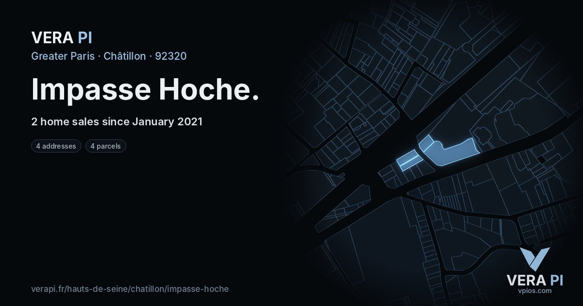 Impasse Hoche, Châtillon at night – every parcel coloured by the prices around it, the street's own parcels lit