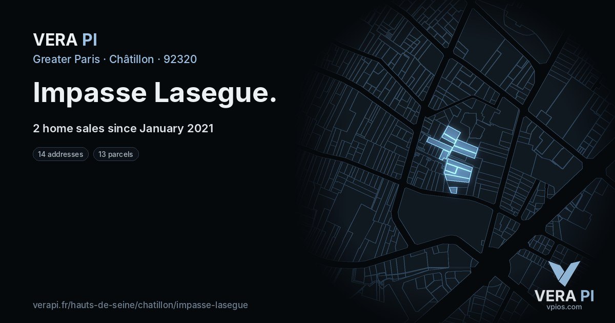 Impasse Lasegue, Châtillon at night – every parcel coloured by the prices around it, the street's own parcels lit