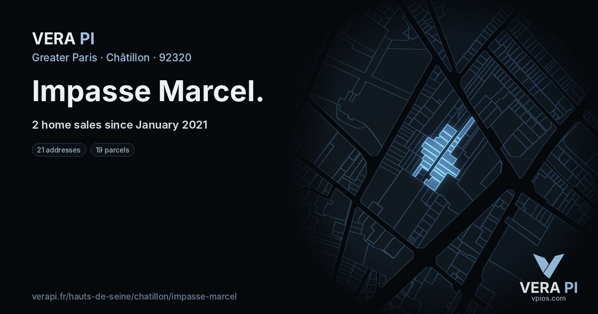 Impasse Marcel, Châtillon at night – every parcel coloured by the prices around it, the street's own parcels lit