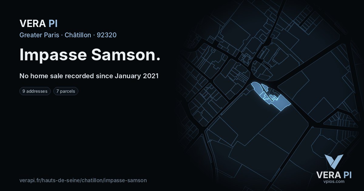 Impasse Samson, Châtillon at night – every parcel coloured by the prices around it, the street's own parcels lit