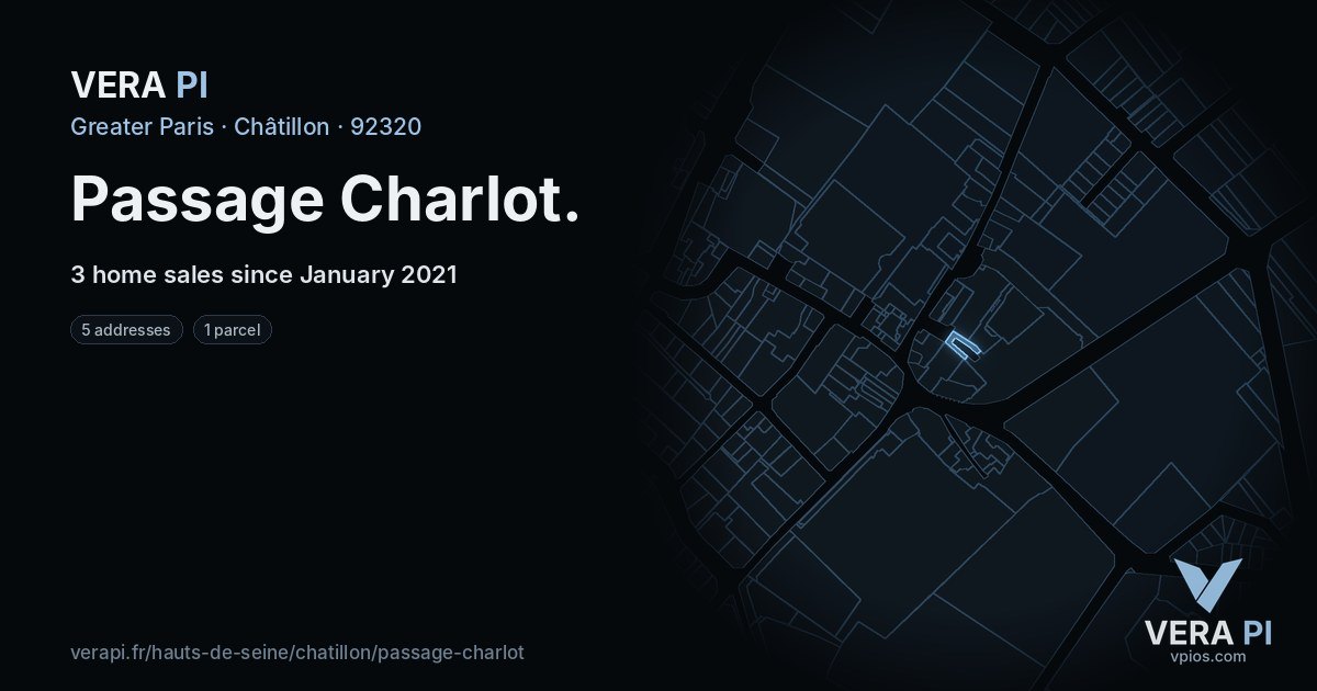 Passage Charlot, Châtillon at night – every parcel coloured by the prices around it, the street's own parcels lit