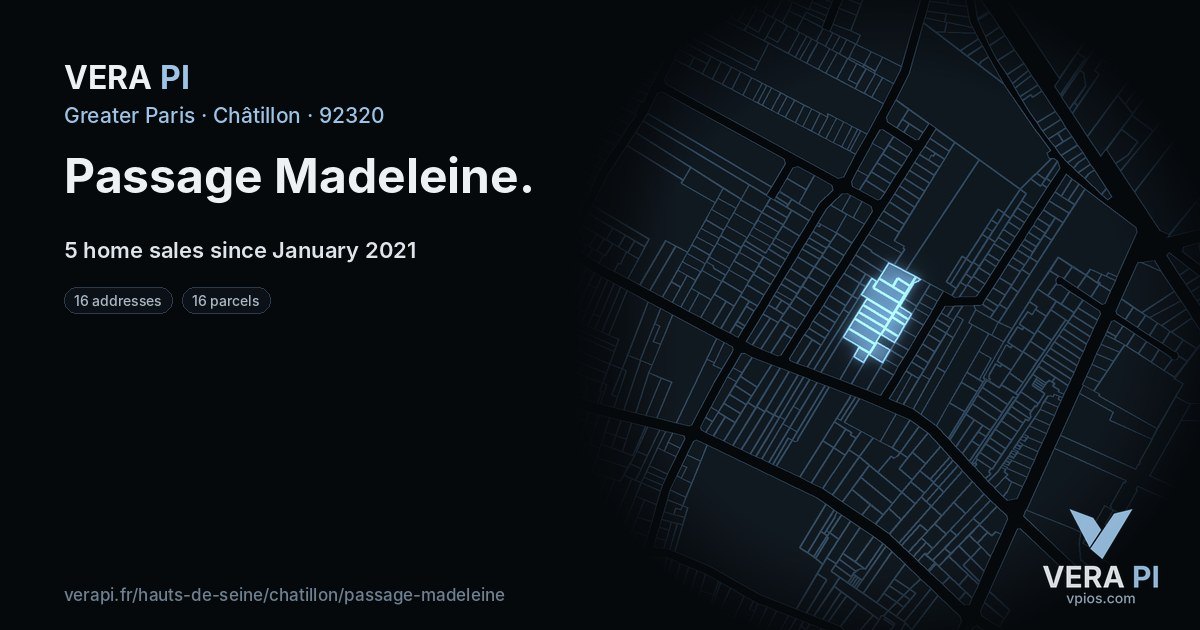 Passage Madeleine, Châtillon at night – every parcel coloured by the prices around it, the street's own parcels lit