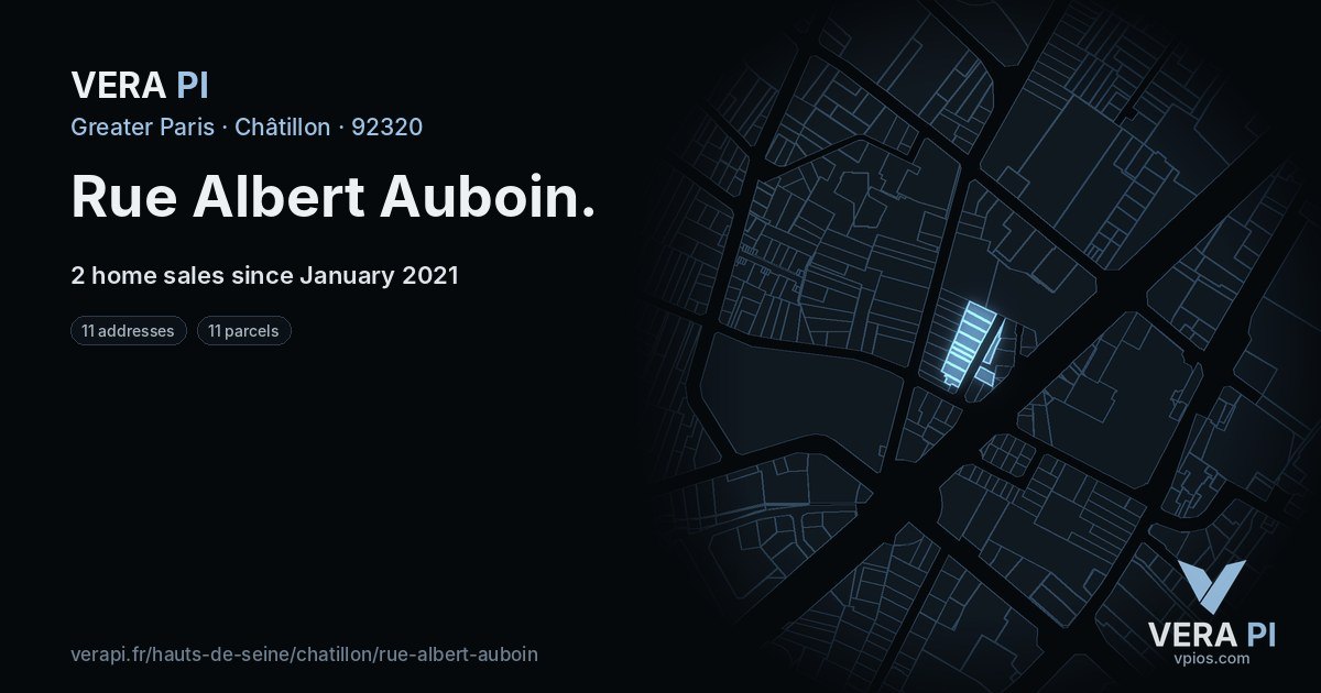 Rue Albert Auboin, Châtillon at night – every parcel coloured by the prices around it, the street's own parcels lit
