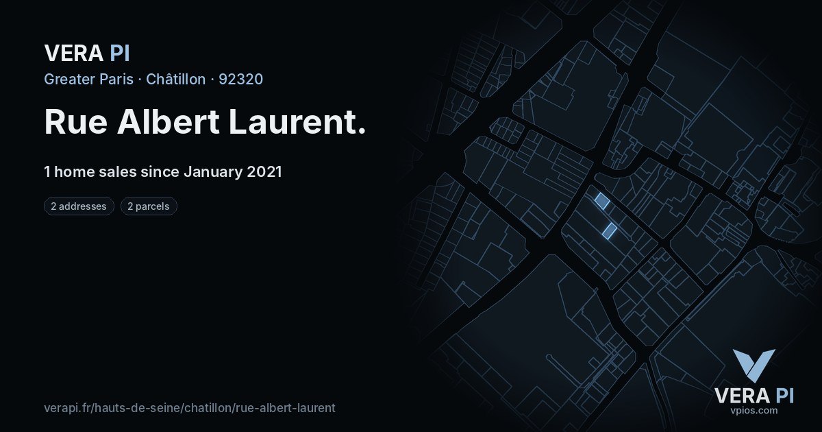 Rue Albert Laurent, Châtillon at night – every parcel coloured by the prices around it, the street's own parcels lit