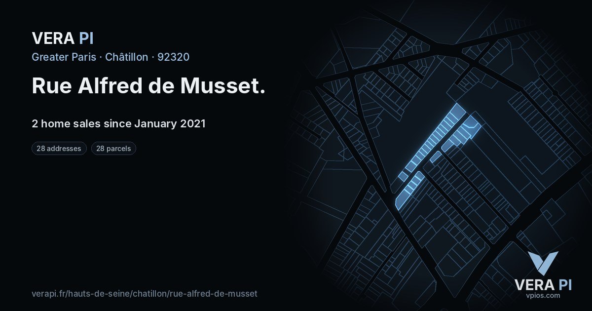 Rue Alfred de Musset, Châtillon at night – every parcel coloured by the prices around it, the street's own parcels lit