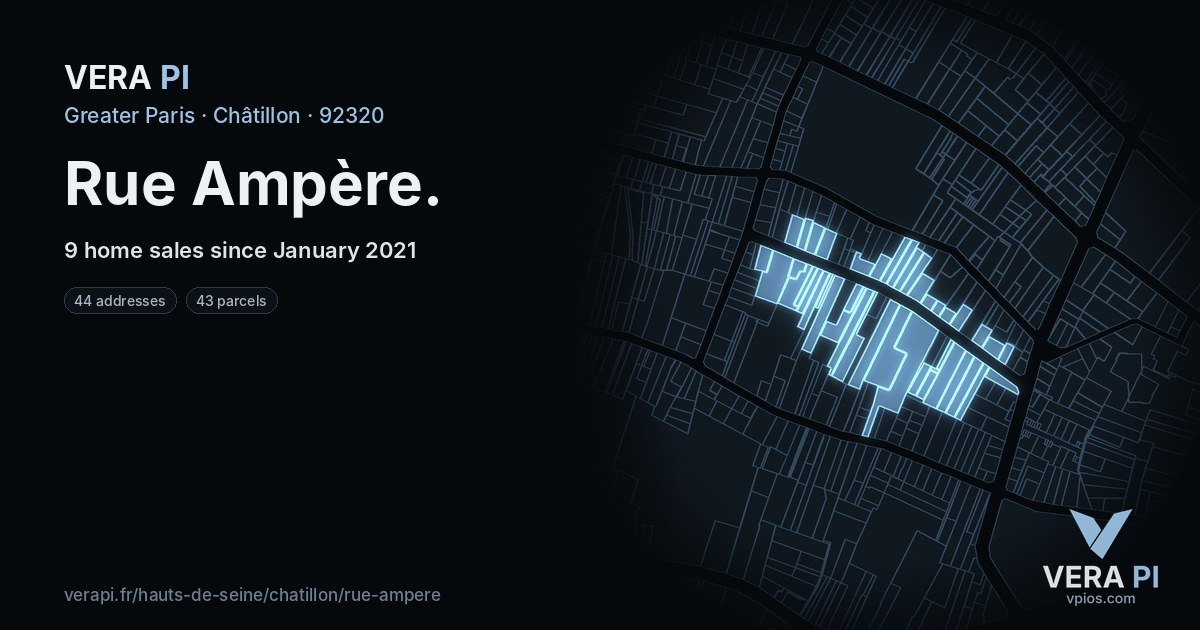Rue Ampère, Châtillon at night – every parcel coloured by the prices around it, the street's own parcels lit