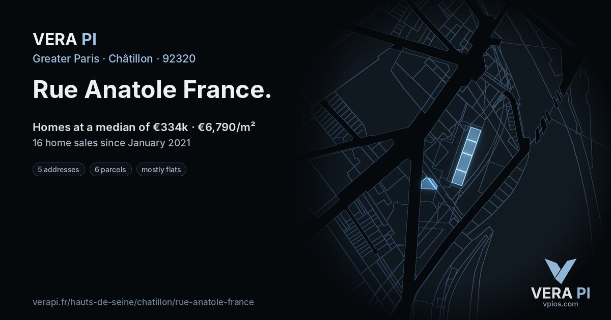 Rue Anatole France, Châtillon at night – every parcel coloured by the prices around it, the street's own parcels lit