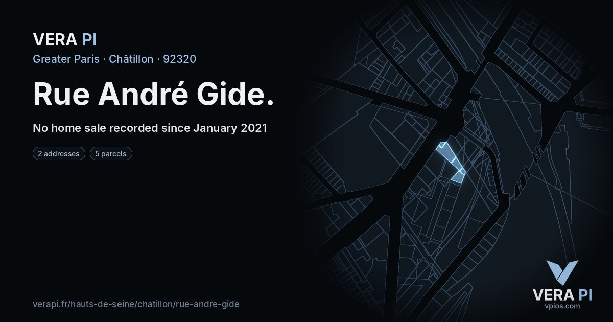 Rue André Gide, Châtillon at night – every parcel coloured by the prices around it, the street's own parcels lit