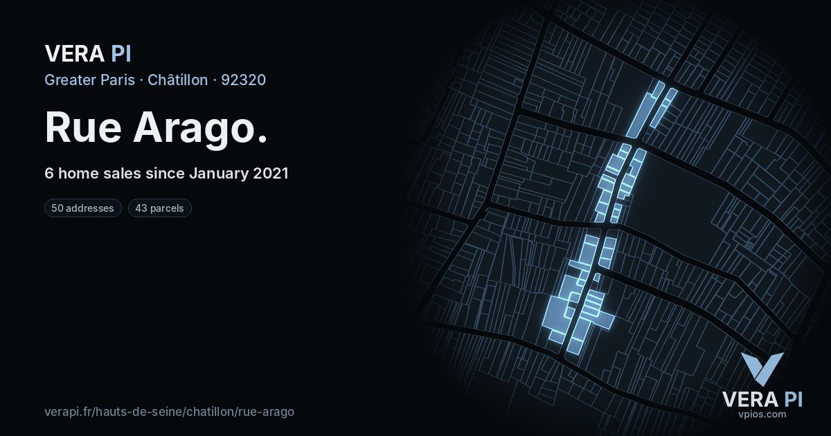 Rue Arago, Châtillon at night – every parcel coloured by the prices around it, the street's own parcels lit