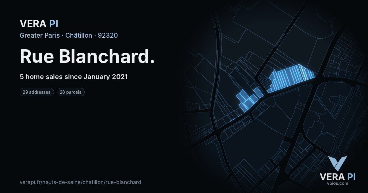 Rue Blanchard, Châtillon at night – every parcel coloured by the prices around it, the street's own parcels lit