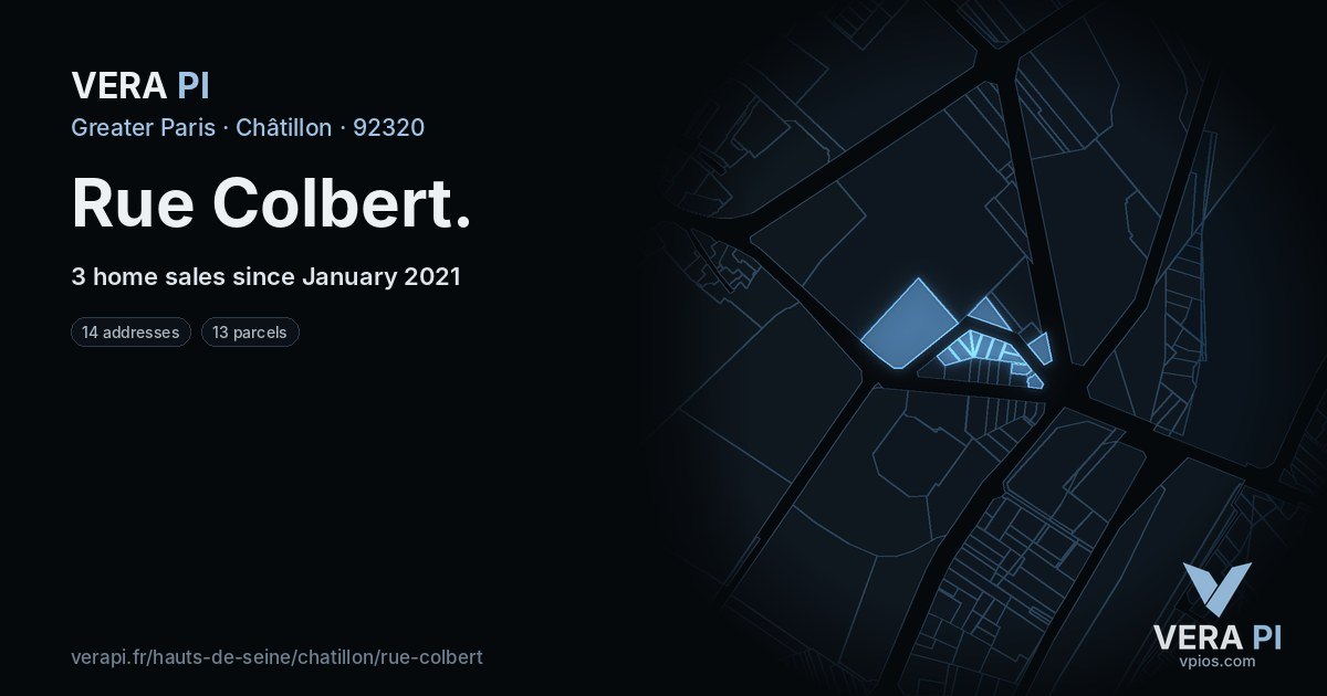 Rue Colbert, Châtillon at night – every parcel coloured by the prices around it, the street's own parcels lit