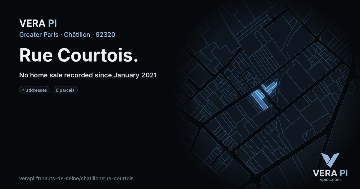 Rue Courtois, Châtillon at night – every parcel coloured by the prices around it, the street's own parcels lit