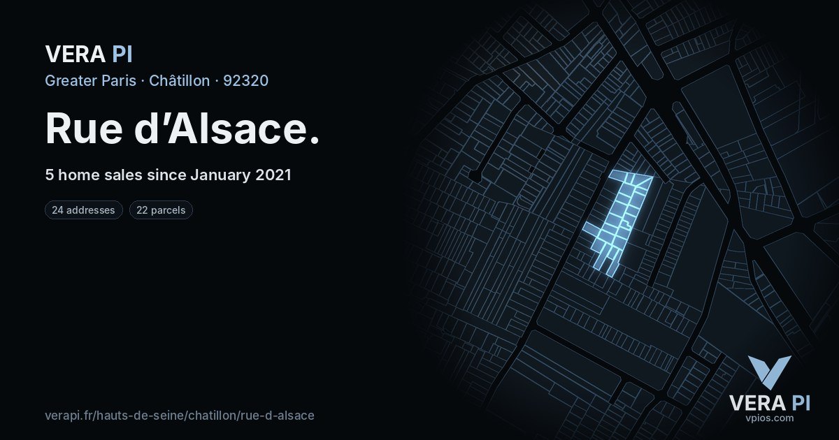 Rue d’Alsace, Châtillon at night – every parcel coloured by the prices around it, the street's own parcels lit