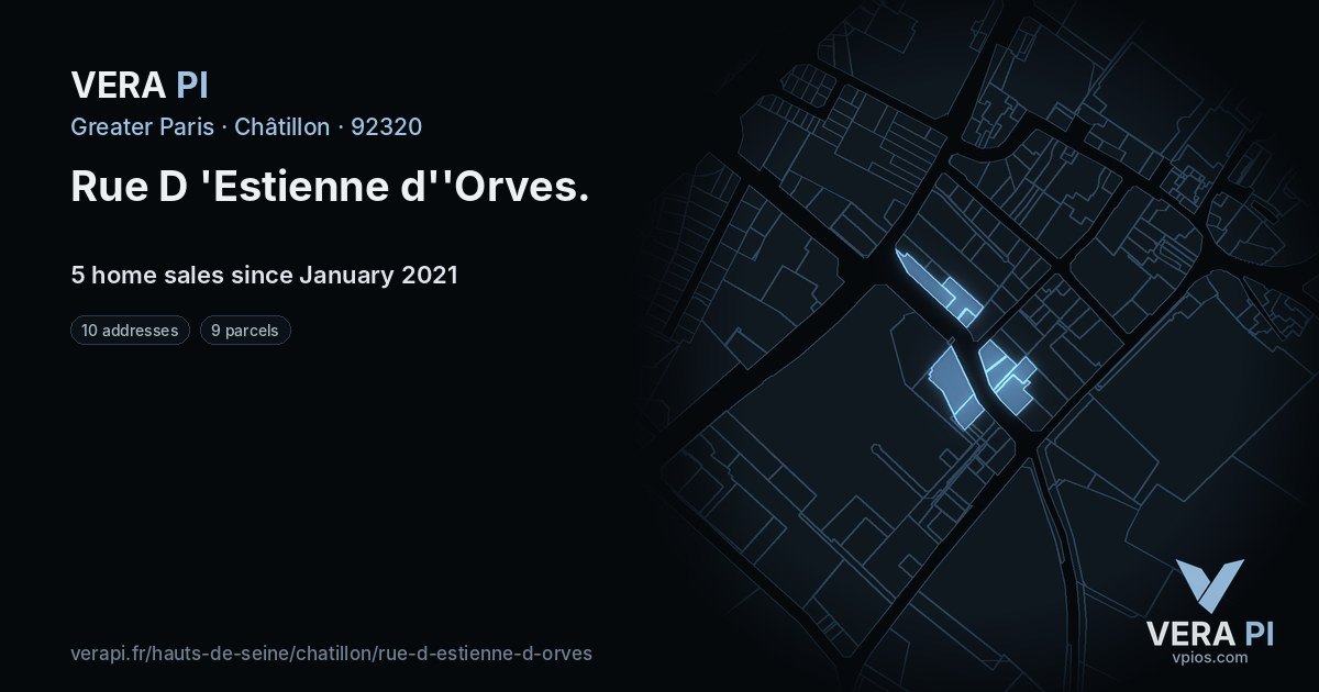 Rue D 'Estienne d''Orves, Châtillon at night – every parcel coloured by the prices around it, the street's own parcels lit