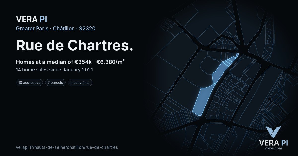 Rue de Chartres, Châtillon at night – every parcel coloured by the prices around it, the street's own parcels lit