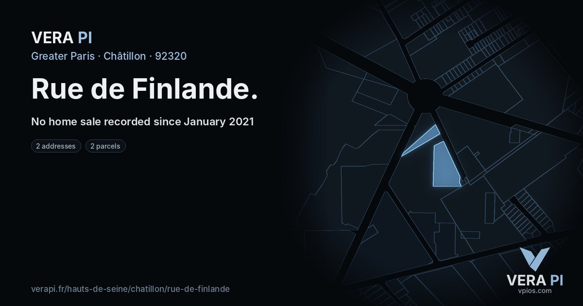 Rue de Finlande, Châtillon at night – every parcel coloured by the prices around it, the street's own parcels lit