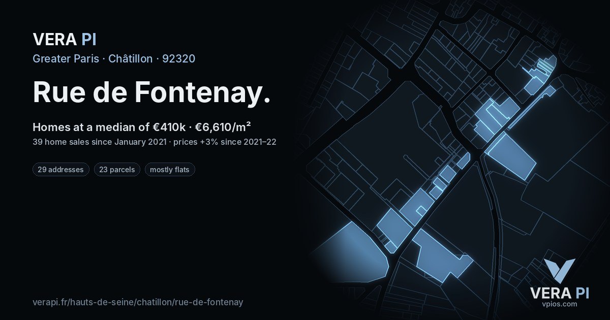 Rue de Fontenay, Châtillon at night – every parcel coloured by the prices around it, the street's own parcels lit