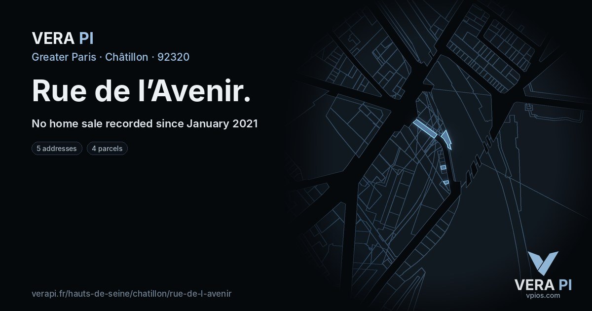Rue de l’Avenir, Châtillon at night – every parcel coloured by the prices around it, the street's own parcels lit