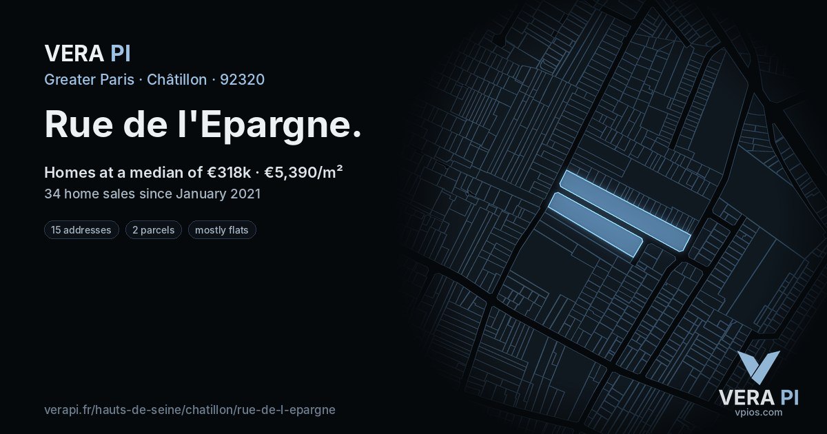 Rue de l'Epargne, Châtillon at night – every parcel coloured by the prices around it, the street's own parcels lit