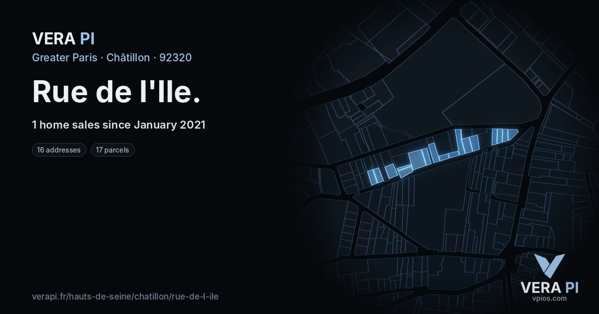 Rue de l'Ile, Châtillon at night – every parcel coloured by the prices around it, the street's own parcels lit