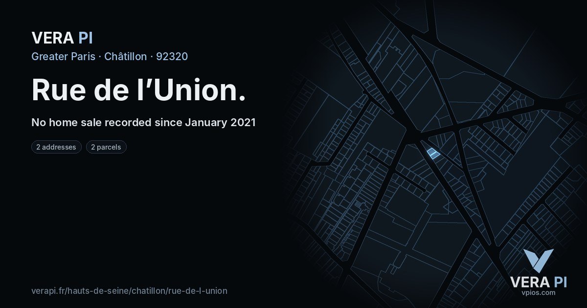 Rue de l’Union, Châtillon at night – every parcel coloured by the prices around it, the street's own parcels lit