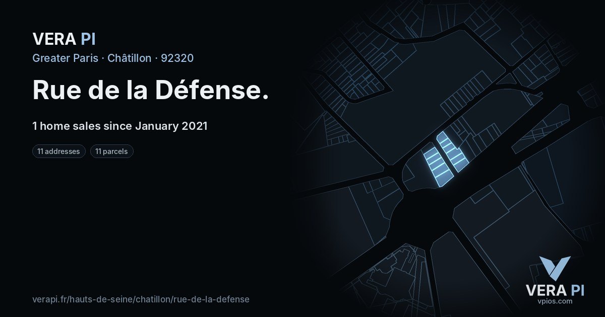 Rue de la Défense, Châtillon at night – every parcel coloured by the prices around it, the street's own parcels lit