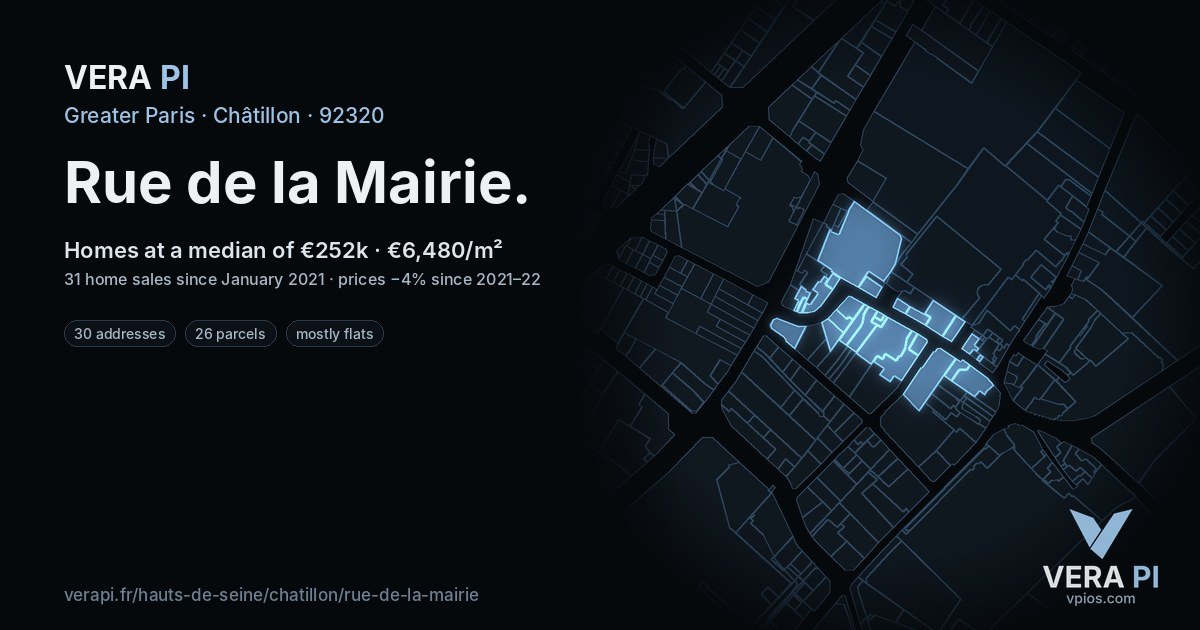 Rue de la Mairie, Châtillon at night – every parcel coloured by the prices around it, the street's own parcels lit