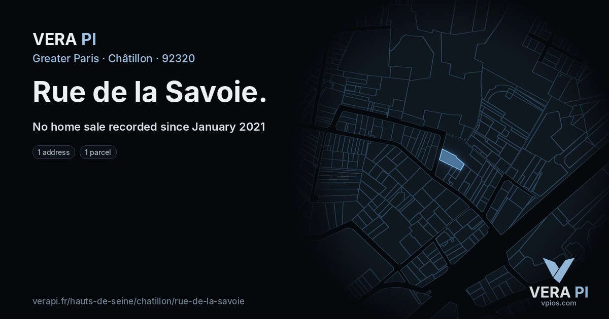 Rue de la Savoie, Châtillon at night – every parcel coloured by the prices around it, the street's own parcels lit