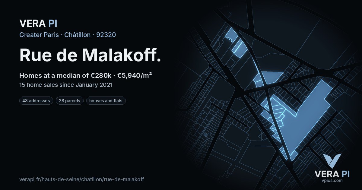 Rue de Malakoff, Châtillon at night – every parcel coloured by the prices around it, the street's own parcels lit