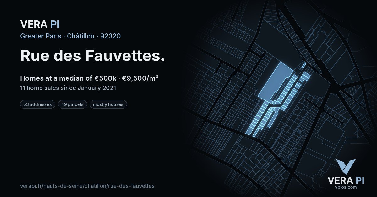 Rue des Fauvettes, Châtillon at night – every parcel coloured by the prices around it, the street's own parcels lit