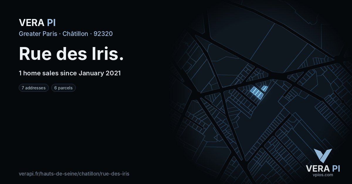Rue des Iris, Châtillon at night – every parcel coloured by the prices around it, the street's own parcels lit