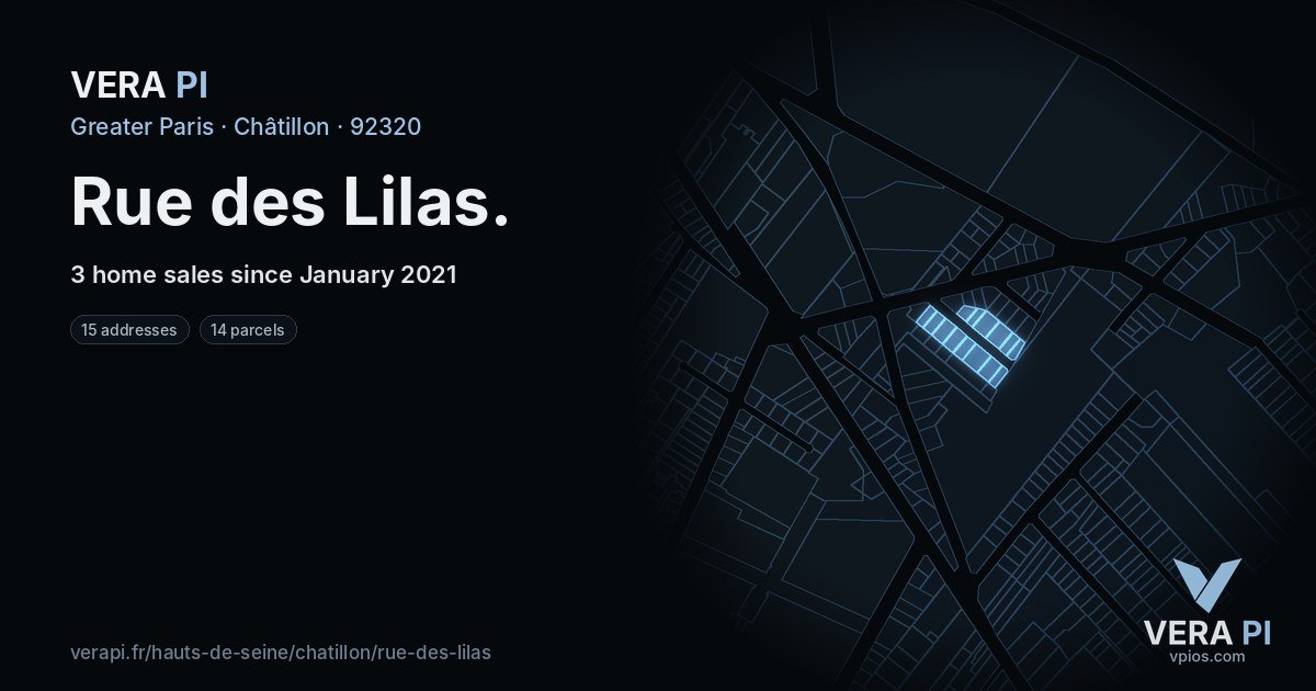 Rue des Lilas, Châtillon at night – every parcel coloured by the prices around it, the street's own parcels lit